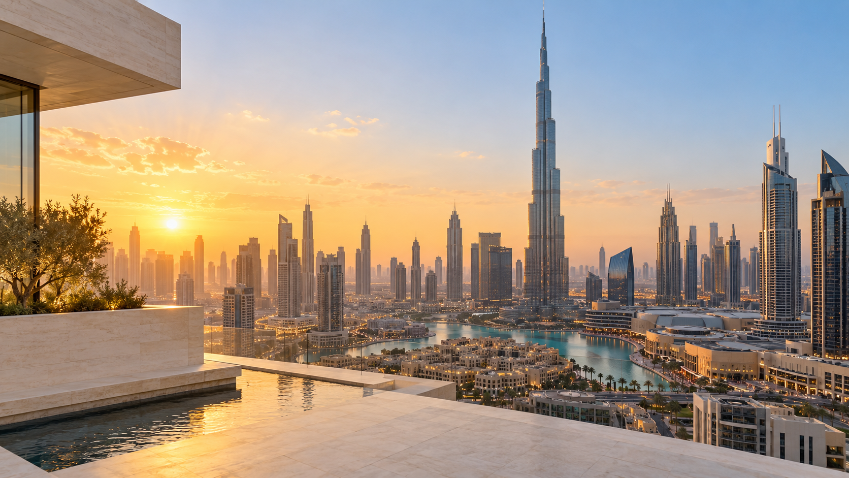 Illustrative Dubai skyline at sunset